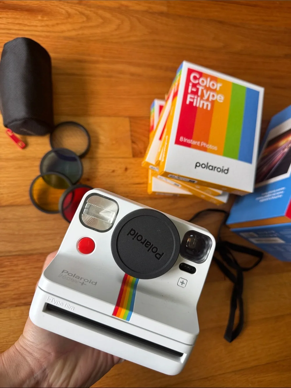 Polaroid White Instant Camera with Rainbow Stripe and Color Filters